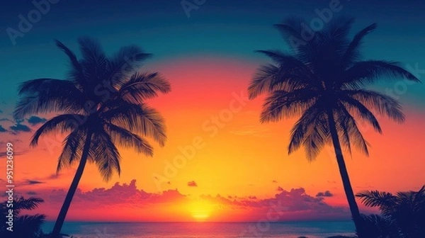 Fototapeta A pair of palm trees outlined against a tropical sunset, with the sky transitioning from orange to deep blue.