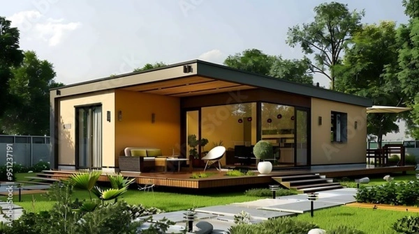 Fototapeta A lovely compact house design with efficient modern pieces