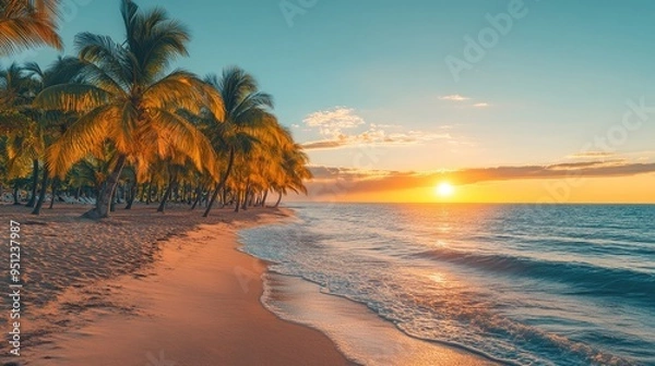 Fototapeta A panoramic view of a beach lined with palm trees, the sun setting in the distance and casting a warm glow over the scene.