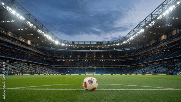 Fototapeta Soccer Stadium with Soccer Ball Placed on Green Field, Stadium Seating and Field in View, Soccer Game Setting, Outdoor Sports Arena, Soccer Pitch with Ball, Sports Venue