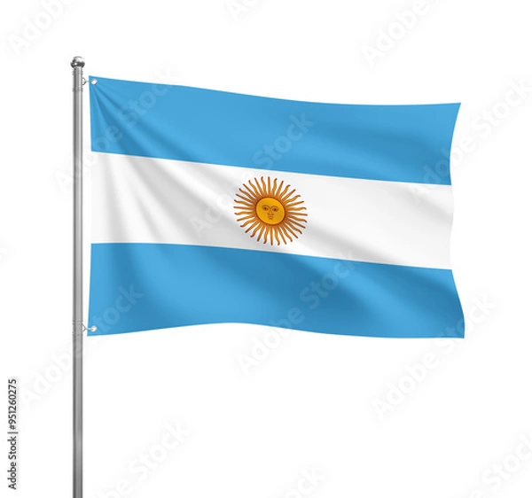 Fototapeta Argentina flag waving in the wind on a silver pole, isolated on transparent background