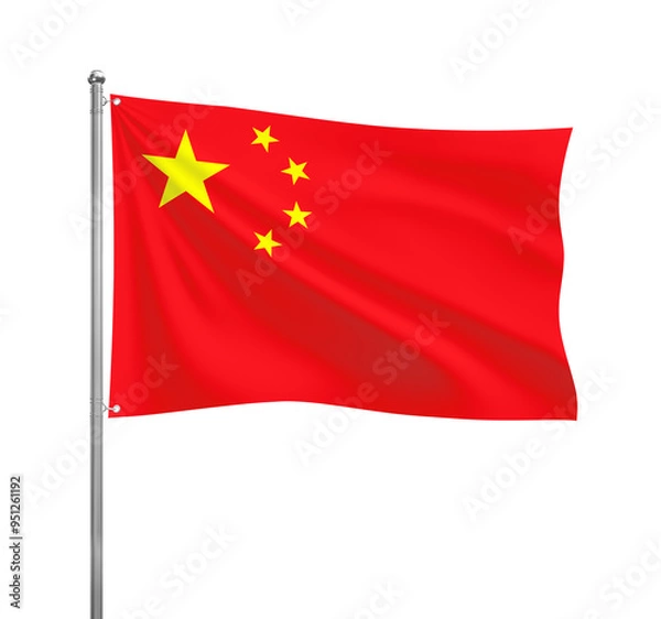 Fototapeta China flag waving in the wind on a silver pole, isolated on transparent background