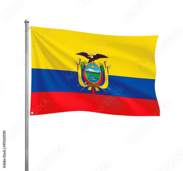 Fototapeta Ecuador flag waving in the wind on a silver pole, isolated on transparent background