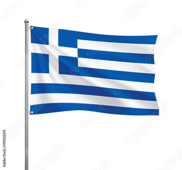 Fototapeta Greece flag waving in the wind on a silver pole, isolated on transparent background