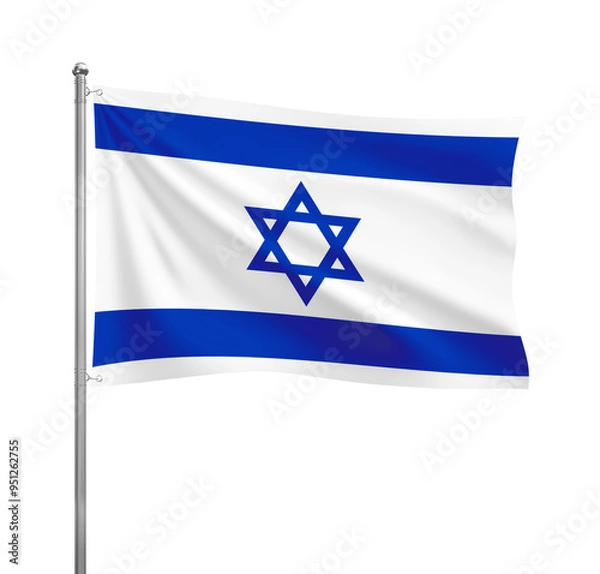 Fototapeta Israel flag waving in the wind on a silver pole, isolated on transparent background