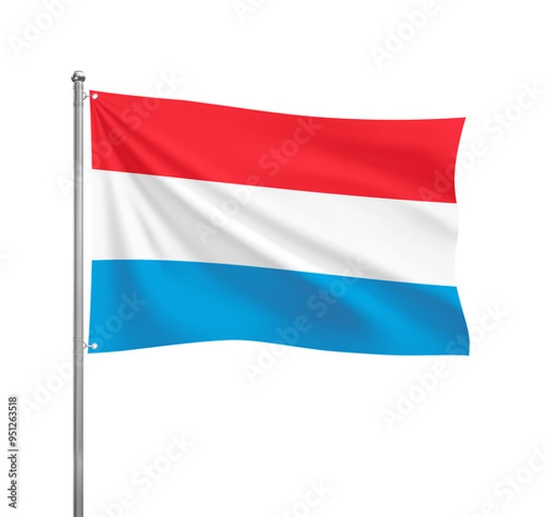 Fototapeta Luxembourg flag waving in the wind on a silver pole, isolated on transparent background