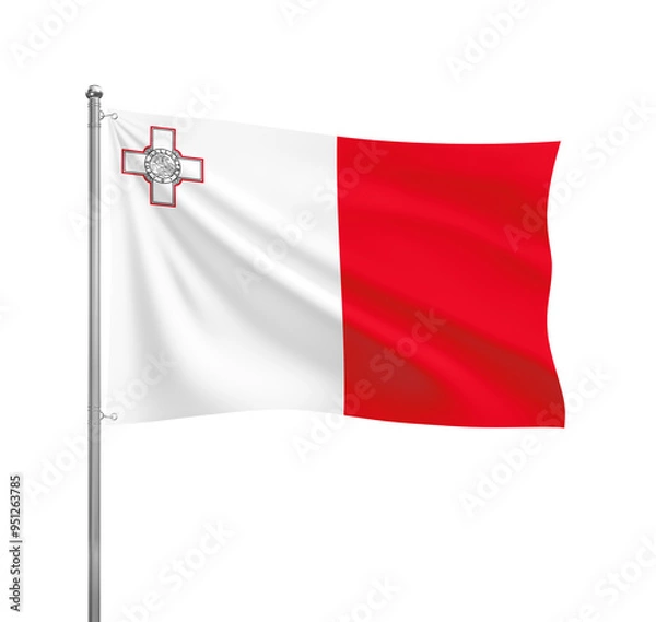 Fototapeta Malta flag waving in the wind on a silver pole, isolated on transparent background