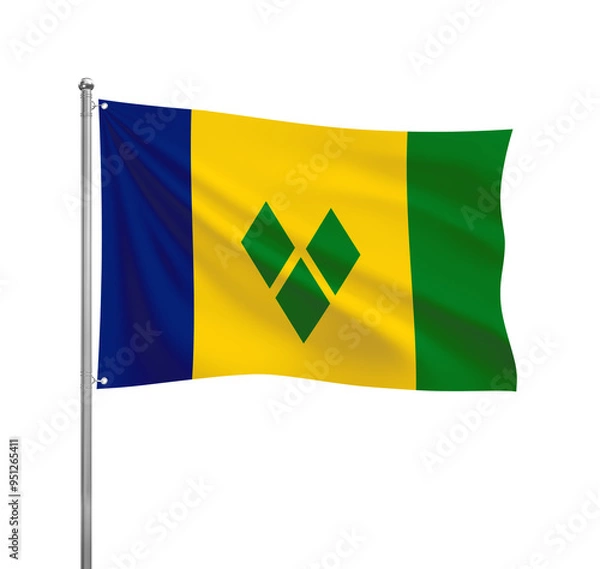 Fototapeta Saint Vincent and the Grenadines National flag waving in the wind on a silver pole, isolated on transparent background
