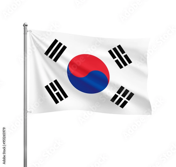 Fototapeta South Korea flag waving in the wind on a silver pole, isolated on transparent background