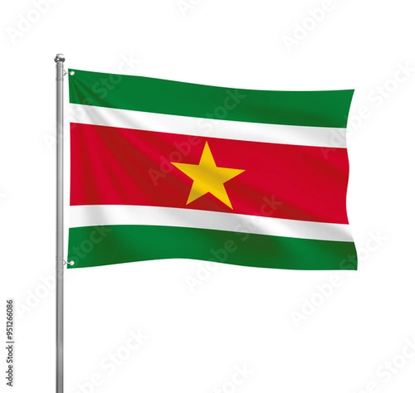 Fototapeta Suriname flag waving in the wind on a silver pole, isolated on transparent background
