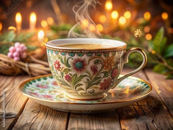 Fototapeta warm and soothing fine china cup ceramic warm beverage rich aroma flavorful delicate subtle earthy calming dreamy whimsical subtle patterns intricate