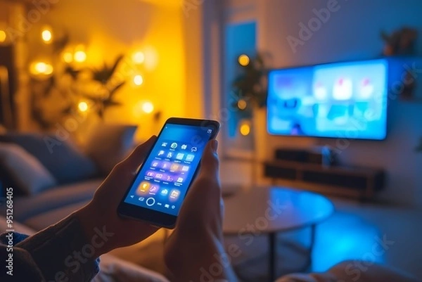 Fototapeta A person using their smartphone to control smart home devices