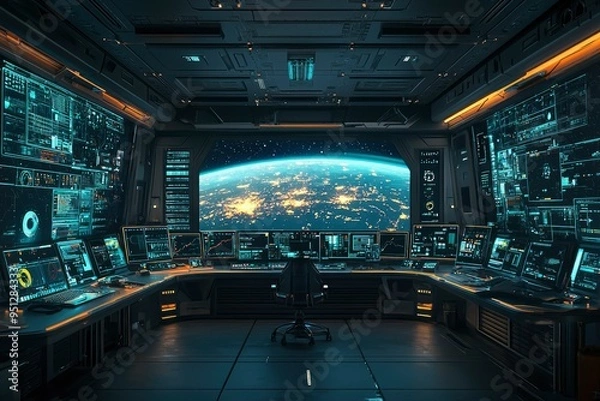 Fototapeta Futuristic Space Station Command Center with Earth View