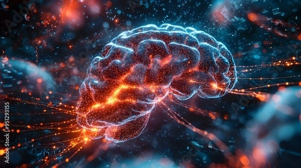 Fototapeta Futuristic Brain-Computer Interface Visualization with Neural Network and Telemedicine Apps