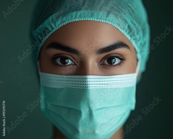 Obraz The close-up image of a healthcare worker in a surgical mask and cap underscores their focus, determination, and dedication to medical safety.
