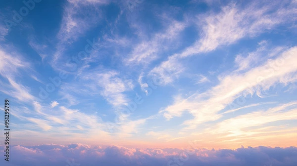 Fototapeta 朝焼けの太陽と青空で白い雲の素材 Generative AI