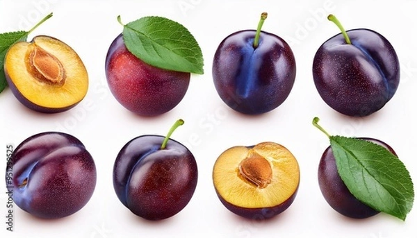 Fototapeta Set of Plum and leaves, isolated on white background