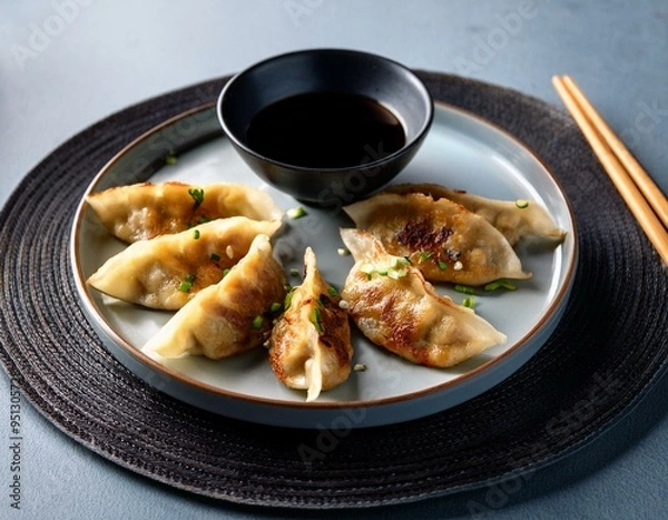 Obraz Japanese fried gyoza dumplings with soy sauce