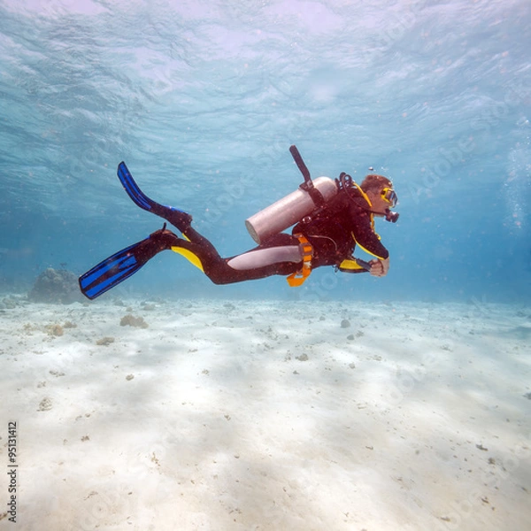 Obraz Silhouette of Scuba Diver near Sea Bottom