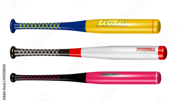 Fototapeta An illustration of three baseball bats, each designed with vibrant colors and unique patterns. The top bat is yellow with a blue handle, the middle one is white with a red tip and black handle