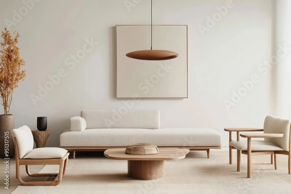 Obraz Contemporary Scandinavian Living Room with Light Wood Furniture and Earthy Tones, Minimalist and Cozy Interior Design in Wide-Angle Shot