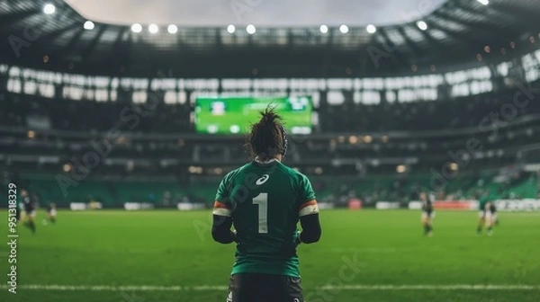 Fototapeta Rugby Player in Green Jersey Standing on the Field in a Large Stadium