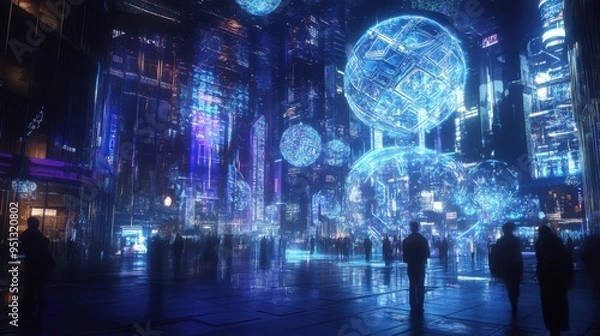 Fototapeta A futuristic cityscape with a large blue sphere in the center