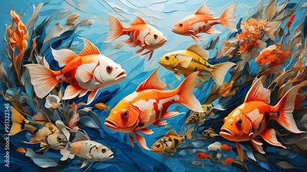 Obraz A stunning display of aquatic life, with each fish rendered in a different style - from abstract to realistic - against a clean and crisp background, creating a visually dynamic and captivating image.