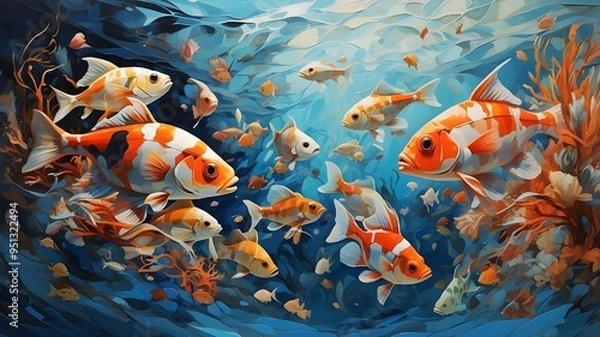 Fototapeta A stunning display of aquatic life, with each fish rendered in a different style - from abstract to realistic - against a clean and crisp background, creating a visually dynamic and captivating image.