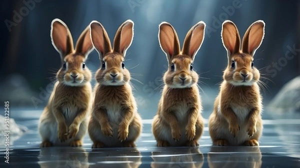 Fototapeta A unique and creative scene, with a group of lapins debout balancing on their pattes, their long ears twitching as they explore the transparent surface beneath them, their curious expressions captured
