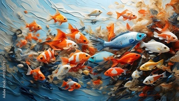 Fototapeta A stunning display of aquatic life, with each fish rendered in a different style - from abstract to realistic - against a clean and crisp background, creating a visually dynamic and captivating image.