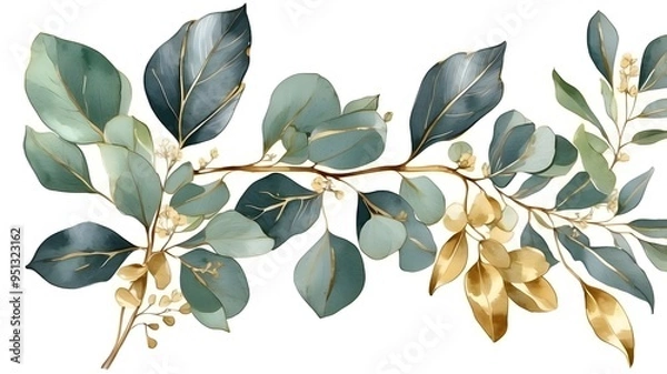 Fototapeta eucalyptus branch and leaf watercolor bouquet with golden line. Illustration of a botanical herb isolated on a transparent background for use in prints, wallpaper, postcards, and greeting cards,