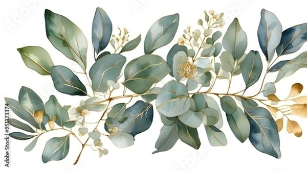 Fototapeta eucalyptus branch and leaf watercolor bouquet with golden line. Illustration of a botanical herb isolated on a transparent background for use in prints, wallpaper, postcards, and greeting cards,