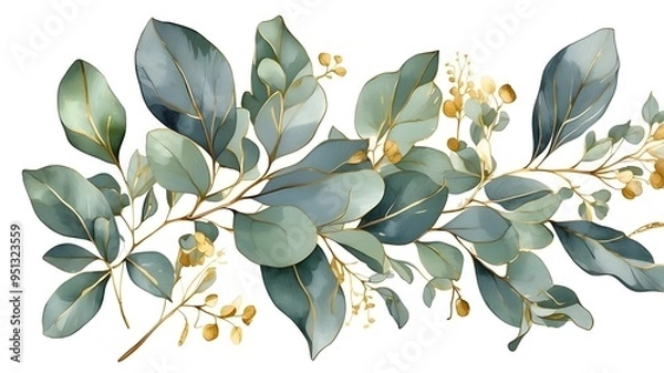 Fototapeta eucalyptus branch and leaf watercolor bouquet with golden line. Illustration of a botanical herb isolated on a transparent background for use in prints, wallpaper, postcards, and greeting cards,