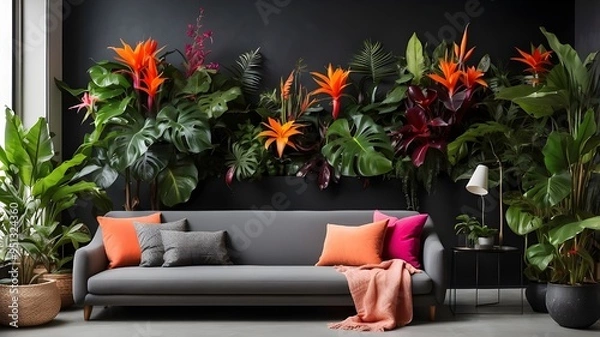 Fototapeta On a black wall, numerous tropical plants with vivid colors are