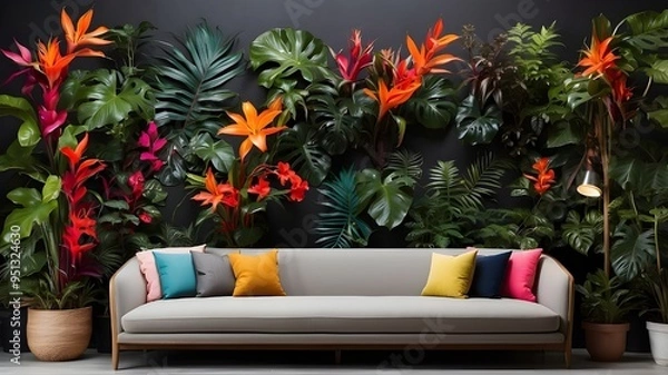 Fototapeta On a black wall, numerous tropical plants with vivid colors are