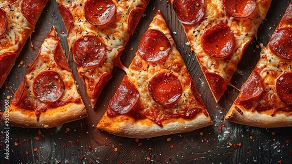 Fototapeta Repeatable pattern of triangle slices of pepperoni. Endless background with cut pieces of pizza with different filling, sauce. Traditional Italian food, cuisine. Flat seamless vector illustration