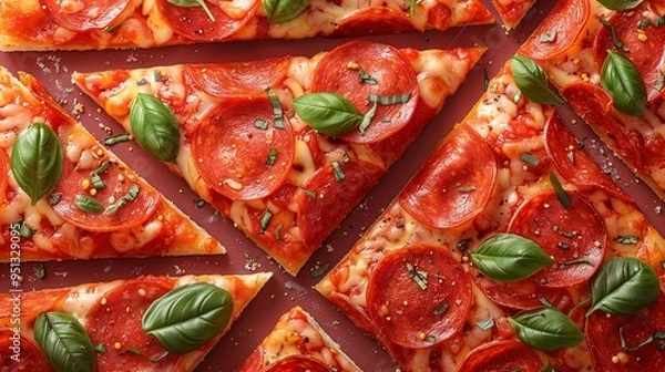 Fototapeta Repeatable pattern of triangle slices of pepperoni. Endless background with cut pieces of pizza with different filling, sauce. Traditional Italian food, cuisine. Flat seamless vector illustration