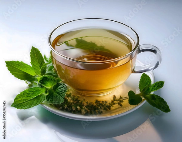 Fototapeta Soothing Herbal Infusion: A steaming cup of herbal tea infused with fresh mint leaves, embodying tranquility and natural wellness. 