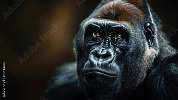 Fototapeta A happy gorilla looking into the camera with a content smile,