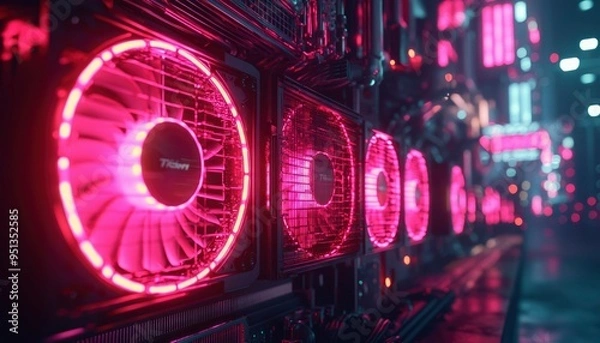 Fototapeta Close-Up of Pink-Lit Computer Fans in a Server Rack