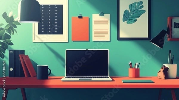 Fototapeta 3D Vector Illustration of a Modern Home Office for a Small Business Owner
