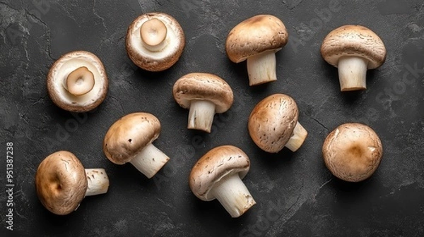 Fototapeta Assorted mushrooms, black backdrop, top-down