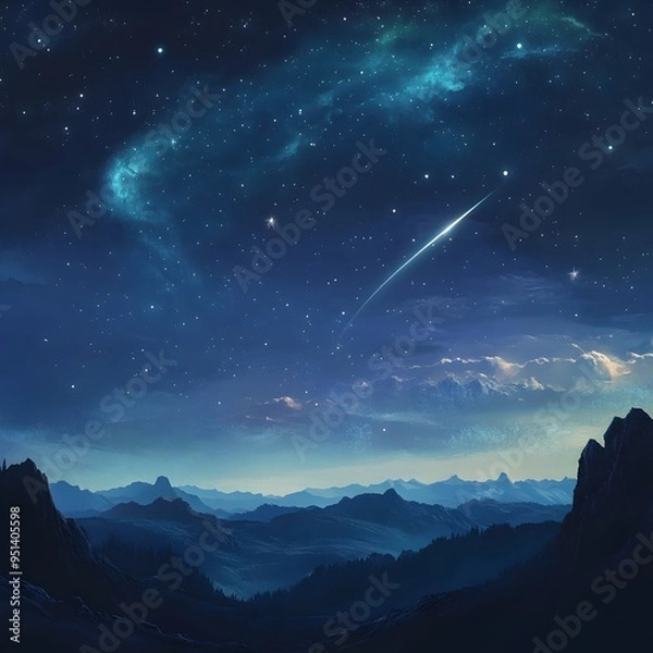 Fototapeta Dreamy Cosmic Nightscape with Shooting Stars and Glowing Silhouettes