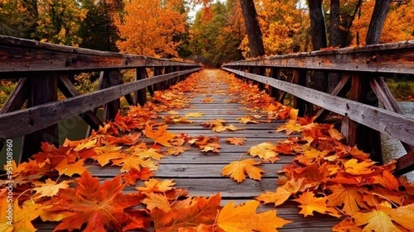 Fototapeta A scenic wooden bridge surrounded by vibrant autumn leaves, creating a picturesque fall walkway in a serene forest setting.
