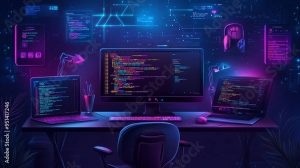 Fototapeta Futuristic workspace with glowing monitors displaying code, perfect for technology and programming themes.
