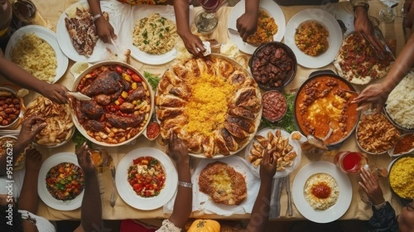 Fototapeta Overhead View of a Large Feast with Various Dishes
