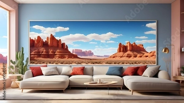 Fototapeta "Transform your space with our 3D illustrated poster frame, adding a touch of contemporary elegance to your living room's Scandinavian aesthetic."A panoramic view of the Arizona desert, with towering 