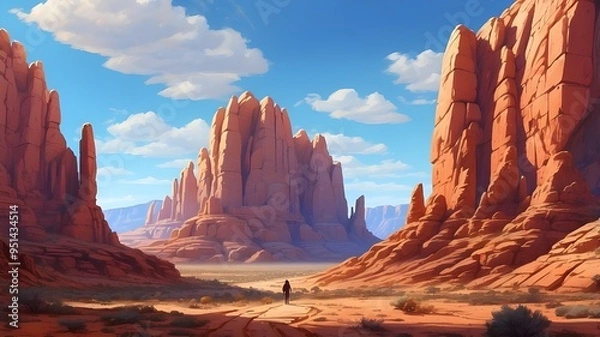 Fototapeta "Step into a world of wonder and awe as the AI transforms your concept into a stunning panoramic view of the Arizona desert. Marvel at the towering red rock formations and the vast expanse of blue sky