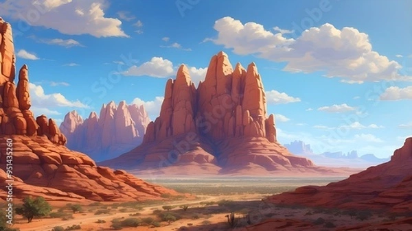 Fototapeta "Step into a world of wonder and awe as the AI transforms your concept into a stunning panoramic view of the Arizona desert. Marvel at the towering red rock formations and the vast expanse of blue sky